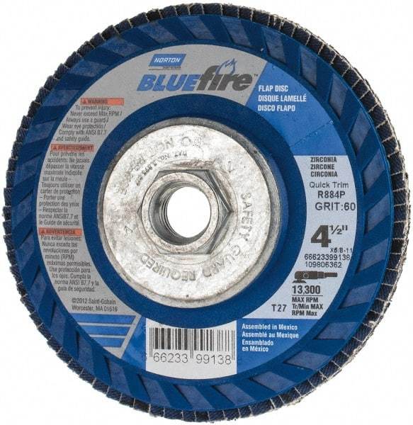 Norton - 60 Grit, 4-1/2" Disc Diam, 5/8-11 Center Hole, Type 27 Zirconia Alumina Flap Disc - 13,300 Max RPM, Fiberglass Backing, Arbor Attaching System, Coated - Eagle Tool & Supply