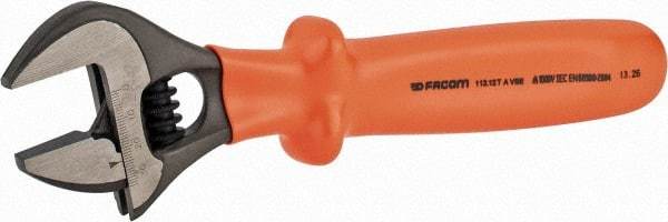 Facom - 1-3/8" Jaw Capacity, 12" Insulated Adjustable Wrench - Steel, Polished Finish - Eagle Tool & Supply