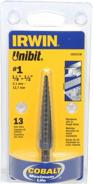 Irwin - 13 Hole Sizes, 1/8 to 1/2" Hole Diam Cobalt Speedpoint Step Drill Bit - Eagle Tool & Supply