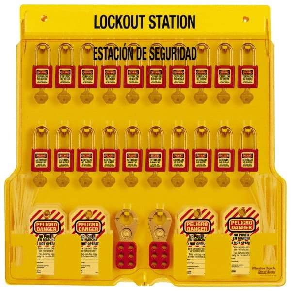 Master Lock - Equipped Polycarbonate Padlock Station - 22 Inch Wide x 22 Inch High x 1-3/4 Inch Deep, Yellow, Covered - Eagle Tool & Supply