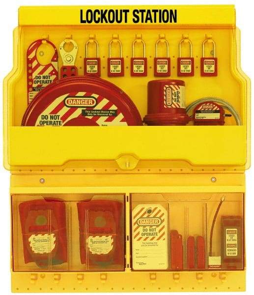Master Lock - 28 Piece, Equipped Polycarbonate Electrical and Valve Lockout Station - 23-1/2 Inch Wide x 27 Inch High x 4-1/8 Inch Deep, Yellow - Eagle Tool & Supply