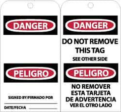 NMC - 3" High x 6" Long, DANGER - SIGNED BY___, English & Spanish Safety & Facility Accident Prevention Tag - Tag Header: Danger, 2 Sides, Black, Red & White Unrippable Vinyl - Eagle Tool & Supply