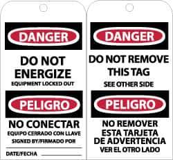 NMC - 3" High x 6" Long, DANGER - DO NOT ENERGIZE, English & Spanish Safety & Facility Accident Prevention Tag - Tag Header: Danger, 2 Sides, Black, Red & White Unrippable Vinyl - Eagle Tool & Supply