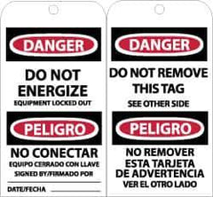 NMC - 3" High x 6" Long, DANGER - DO NOT ENERGIZE, English & Spanish Safety & Facility Accident Prevention Tag - Tag Header: Danger, 2 Sides, Black, Red & White Unrippable Vinyl - Eagle Tool & Supply