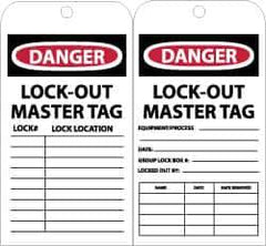 NMC - 3" High x 6" Long, DANGER - LOCKOUT MASTER TAG, English Safety & Facility Accident Prevention Tag - Tag Header: Danger, 2 Sides, Black, Red & White Unrippable Vinyl - Eagle Tool & Supply