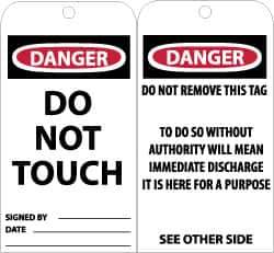 NMC - 3" High x 6" Long, DANGER - DO NOT TOUCH, English Safety & Facility Accident Prevention Tag - Tag Header: Danger, 2 Sides, Black, Red & White Unrippable Vinyl - Eagle Tool & Supply