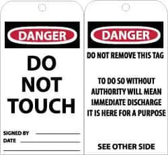 NMC - 3" High x 6" Long, DANGER - DO NOT TOUCH, English Safety & Facility Accident Prevention Tag - Tag Header: Danger, 2 Sides, Black, Red & White Unrippable Vinyl - Eagle Tool & Supply