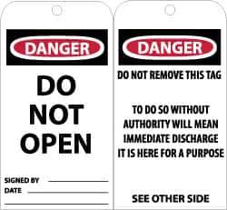 NMC - 3" High x 6" Long, DANGER - DO NOT OPEN, English Safety & Facility Accident Prevention Tag - Tag Header: Danger, 2 Sides, Black, Red & White Unrippable Vinyl - Eagle Tool & Supply