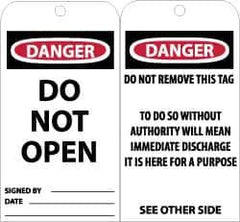 NMC - 3" High x 6" Long, DANGER - DO NOT OPEN, English Safety & Facility Accident Prevention Tag - Tag Header: Danger, 2 Sides, Black, Red & White Unrippable Vinyl - Eagle Tool & Supply