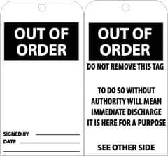 NMC - 3" High x 6" Long, OUT OF ORDER, English Safety & Facility Accident Prevention Tag - Tag Header: Danger, 2 Sides, Black & White Unrippable Vinyl - Eagle Tool & Supply