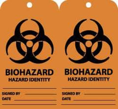 NMC - 3" High x 6" Long, BIOHAZARD - HAZARD IDENTITY, English Safety & Facility Accident Prevention Tag - Tag Header: Warning, 2 Sides, Black & Orange Unrippable Vinyl - Eagle Tool & Supply