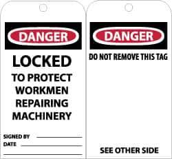 NMC - 3" High x 6" Long, DANGER - LOCKED TO PROJECT WORKMEN REPAIRING MACHINERY, English Safety & Facility Accident Prevention Tag - Tag Header: Danger, 2 Sides, Black, Red & White Unrippable Vinyl - Eagle Tool & Supply