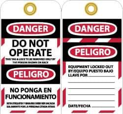 NMC - 3" High x 6" Long, DANGER - DO NOT OPERATE - THIS TAG & LOCK TO BE REMOVED ONLY BY THE PERSON SHOWN ON BACK, English & Spanish Safety & Facility Lockout Tag - Tag Header: Danger, 2 Sides, Black, Red & White Unrippable Vinyl - Eagle Tool & Supply