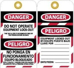 NMC - DANGER - DO NOT OPERATE - EQUIPMENT LOCK-OUT - THIS TAG & LOCK TO BE REMOVED ONLY BY THE PERSON SHOWN ON BACK, English Safety & Facility Lockout Tag - Tag Header: Danger, 2 Sides, Black, Red & White Unrippable Vinyl - Eagle Tool & Supply
