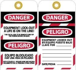 NMC - 3" High x 6" Long, DANGER - EQUIPMENT LOCK-OUT - A LIFE IS ON THE LINE! THIS TAG & LOCK TO BE REMOVED ONLY BY THE PERSON SHOWN ON BACK, Safety & Facility Lockout Tag - Tag Header: Danger, 2 Sides, Black, Red & White Unrippable Vinyl - Eagle Tool & Supply