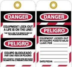 NMC - 3" High x 6" Long, DANGER - EQUIPMENT LOCK-OUT - A LIFE IS ON THE LINE! THIS TAG & LOCK TO BE REMOVED ONLY BY THE PERSON SHOWN ON BACK, Safety & Facility Lockout Tag - Tag Header: Danger, 2 Sides, Black, Red & White Unrippable Vinyl - Eagle Tool & Supply