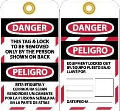 NMC - 3" High x 6" Long, DANGER - THIS TAG & LOCK TO BE REMOVED ONLY BY THE PERSON SHOWN ON BACK, English & Spanish Safety & Facility Lockout Tag - Tag Header: Danger, 2 Sides, Black, Red & White Unrippable Vinyl - Eagle Tool & Supply