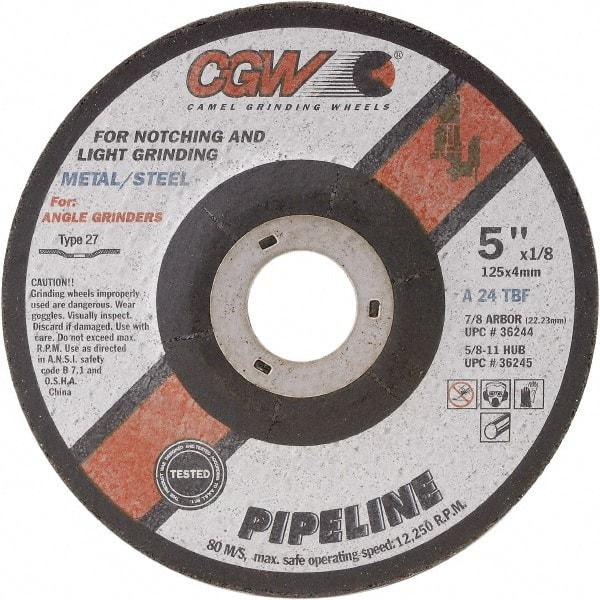 Camel Grinding Wheels - 24 Grit, 9" Wheel Diam, 1/8" Wheel Thickness, 7/8" Arbor Hole, Type 27 Depressed Center Wheel - Coarse Grade, Aluminum Oxide, Resinoid Bond, 6,650 Max RPM - Eagle Tool & Supply