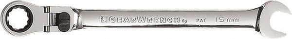 GearWrench - 15mm 12 Point Flexhead Combination Wrench - 9" OAL, Steel, Full Polish Finish - Eagle Tool & Supply