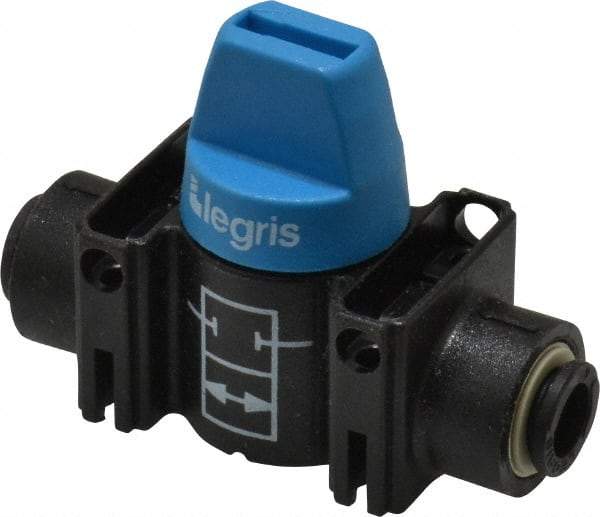 Legris - 6mm Pipe, Standard Port, Composite Miniature Ball Valve - 1 Piece, Inline - Two Way Flow, Push-to-Connect x Push-to-Connect Ends, Short Handle, 150 WOG - Eagle Tool & Supply