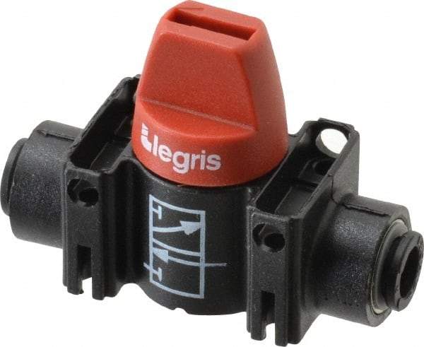 Legris - 6mm Pipe, Standard Port, Composite Miniature Ball Valve - 1 Piece, Inline - Two Way Flow, Push-to-Connect x Push-to-Connect Ends, Short Handle, 150 WOG - Eagle Tool & Supply