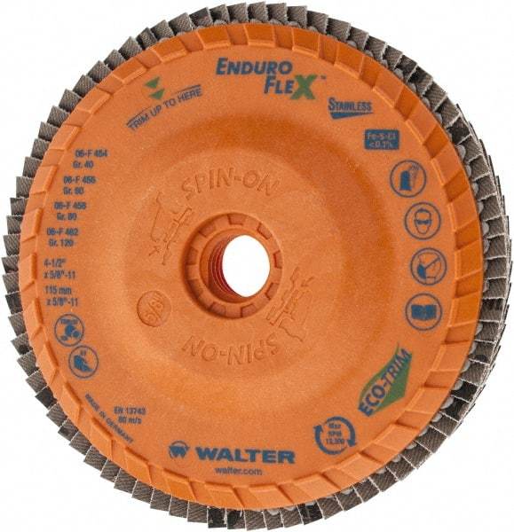 WALTER Surface Technologies - 40 Grit, 4-1/2" Disc Diam, 5/8-11 Center Hole, Zirconia Alumina Flap Disc - 13,300 Max RPM, Plastic Backing, Arbor Attaching System, Coated - Eagle Tool & Supply