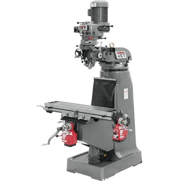 Jet - 9" Table Width x 42" Table Length, Step Pulley Control, 3 Phase Knee Milling Machine - R8 Spindle Taper, 2 hp - Eagle Tool & Supply