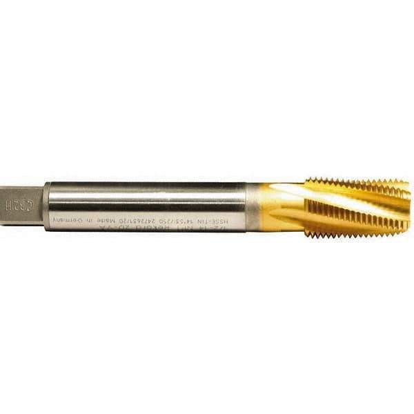 Emuge - 3/4-14 NPT, 15° Helix, 5 Flutes, TiN Finish, Cobalt, Spiral Flute Pipe Tap - Right Hand Flute, 1.38" Thread Length, 0.679" Square Size, Series KEG - Eagle Tool & Supply