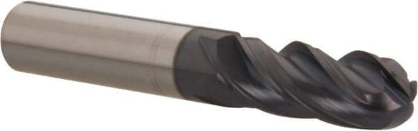 Accupro - 3/8" Diam, 1" LOC, 4 Flute Solid Carbide Ball End Mill - AlTiN Finish, Single End, 2-1/2" OAL, 3/8" Shank Diam, Spiral Flute - Eagle Tool & Supply