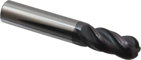Accupro - 7/16" Diam, 1" LOC, 4 Flute Solid Carbide Ball End Mill - AlTiN Finish, Single End, 2-3/4" OAL, 7/16" Shank Diam, Spiral Flute - Eagle Tool & Supply