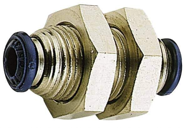 Alpha Technologies - 1/2" Outside Diam, Nickel Plated Brass Push-to-Connect Tube Bulkhead Union - 250 Max psi, Tube to Tube Connection, Buna O-Ring - Eagle Tool & Supply