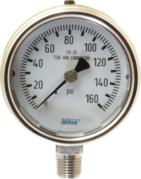 Wika - 2-1/2" Dial, 1/4 Thread, 0-160 Scale Range, Pressure Gauge - Lower Connection Mount, Accurate to 2-1-2% of Scale - Eagle Tool & Supply