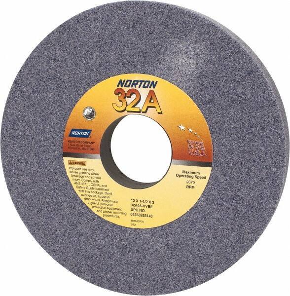 Norton - 12" Diam x 3" Hole x 1-1/2" Thick, H Hardness, 46 Grit Surface Grinding Wheel - Aluminum Oxide, Type 1, Coarse Grade, 2,070 Max RPM, Vitrified Bond, No Recess - Eagle Tool & Supply