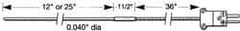 Thermo Electric - 0 to 1800°F, E Flexible, Thermocouple Probe - 3 Ft. Cable Length, Stripped Ends, 12 Inch Probe Sheath Length, 3 Sec Response Time - Eagle Tool & Supply