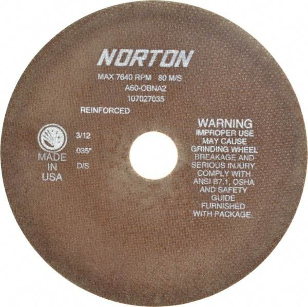 Norton - 8" 60 Grit Aluminum Oxide Cutoff Wheel - 0.035" Thick, 1-1/4" Arbor, 7,640 Max RPM, Use with Stationary Grinders - Eagle Tool & Supply