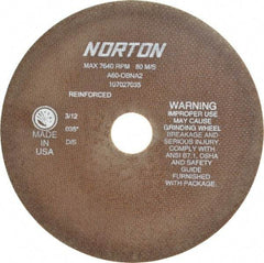 Norton - 8" 60 Grit Aluminum Oxide Cutoff Wheel - 0.035" Thick, 1-1/4" Arbor, 7,640 Max RPM, Use with Stationary Grinders - Eagle Tool & Supply