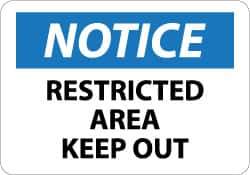 NMC - "Notice - Restricted Area - Keep Out", 10" Long x 14" Wide, Pressure-Sensitive Vinyl Safety Sign - Rectangle, 0.004" Thick, Use for Security & Admittance - Eagle Tool & Supply