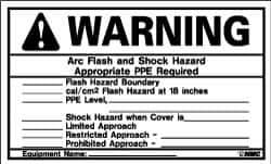 NMC - Accident Prevention Label, Header: WARNING - Legend: Warning - Arc Flash and Shock Hazard - Appropriate PPE Required, English, Black & Orange, 5" Long x 3" High, Sign Muscle Finish - Eagle Tool & Supply