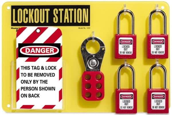 NMC - Equipped Acrylic Tag and Padlock / Hasp Station - 12 Inch Wide x 8 Inch High, Black on Yellow - Eagle Tool & Supply