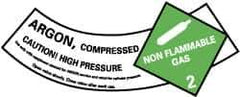 NMC - Hazardous Materials Label - Legend: Argon - Compressed - Caution! - High Pressure - Non Flammable - Gas 2, English, Green, Black & White, 5-1/4" Long x 2" High, Sign Muscle Finish - Eagle Tool & Supply