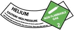 NMC - Hazardous Materials Label - Legend: Helium - Caution! High Pressure - Non Flammable Gas - 2, English, Green, Black & White, 5-1/4" Long x 2" High, Sign Muscle Finish - Eagle Tool & Supply