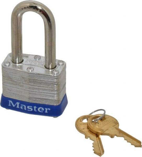 Master Lock - Keyed Different Retaining Key Conductive Lockout Padlock - 1-1/2" Shackle Clearance, 9/32" Shackle Diam, 1-1/4" Body Height x 1-9/16" Body Width, Blue, 4 Pins - Eagle Tool & Supply