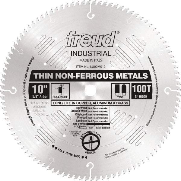 Freud - 10" Diam, 5/8" Arbor Hole Diam, 100 Tooth Wet & Dry Cut Saw Blade - Carbide-Tipped, Standard Round Arbor - Eagle Tool & Supply