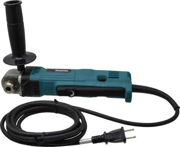 Makita - 3/8" Keyed Chuck, 2,400 RPM, Angled Handle Electric Drill - 4 Amps, 115 Volts, Reversible, Includes Chuck Key, Drill Chuck, Key Holder, Side Handle - Eagle Tool & Supply