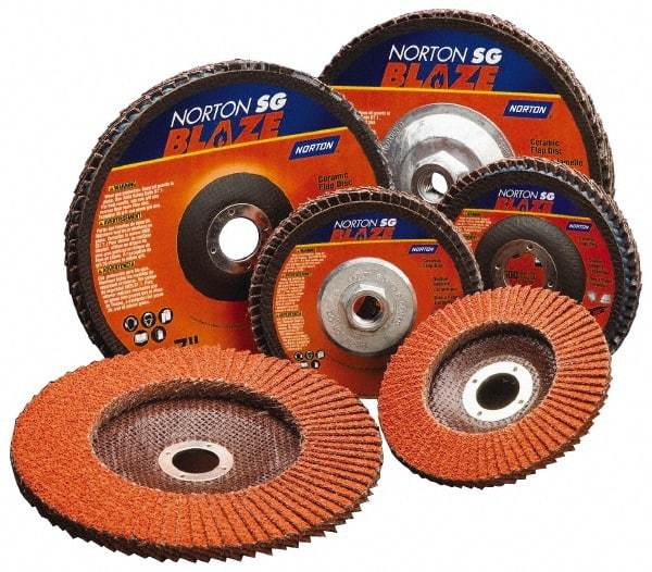 Norton - 60 Grit, 7" Disc Diam, 5/8-11 Center Hole, Type 27 Ceramic Flap Disc - Plastic Backing, Arbor Attaching System, Coated - Eagle Tool & Supply