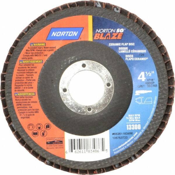 Norton - 36 Grit, 4-1/2" Disc Diam, 7/8" Center Hole, Type 29 Ceramic Flap Disc - 13,000 Max RPM, Fiberglass Backing, Arbor Attaching System, Coated - Eagle Tool & Supply
