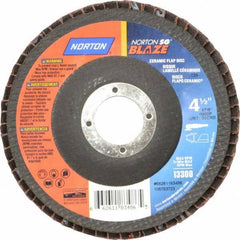 Norton - 36 Grit, 4-1/2" Disc Diam, 7/8" Center Hole, Type 29 Ceramic Flap Disc - 13,000 Max RPM, Fiberglass Backing, Arbor Attaching System, Coated - Eagle Tool & Supply