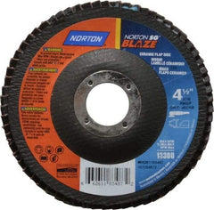 Norton - 40 Grit, 4-1/2" Disc Diam, 7/8" Center Hole, Type 29 Ceramic Flap Disc - 13,000 Max RPM, Fiberglass Backing, Arbor Attaching System, Coated - Eagle Tool & Supply