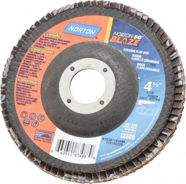 Norton - 60 Grit, 4-1/2" Disc Diam, 7/8" Center Hole, Type 29 Ceramic Flap Disc - 13,000 Max RPM, Fiberglass Backing, Arbor Attaching System, Coated - Eagle Tool & Supply