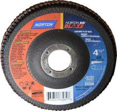 Norton - 80 Grit, 4-1/2" Disc Diam, 7/8" Center Hole, Type 29 Ceramic Flap Disc - 13,000 Max RPM, Fiberglass Backing, Arbor Attaching System, Coated - Eagle Tool & Supply